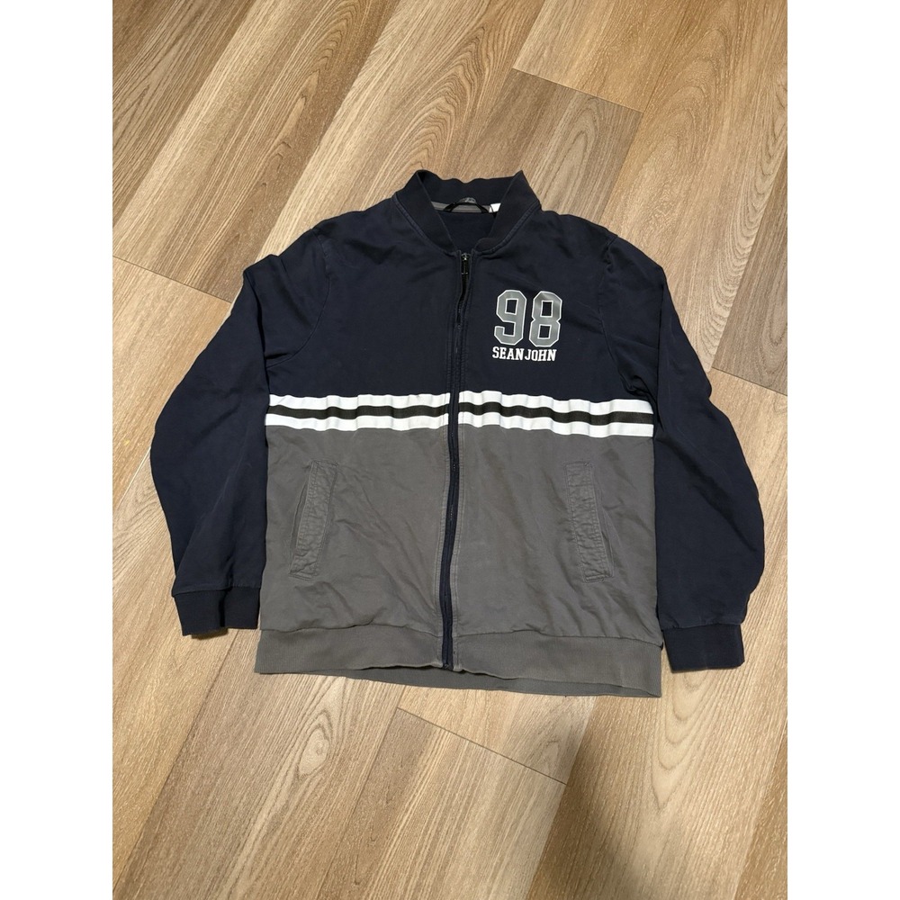 Sean John XL Sweatshirt Full Zip Colorblock Navy Bly Gray Flat Collar Logo 98 - Picture 1 of 5